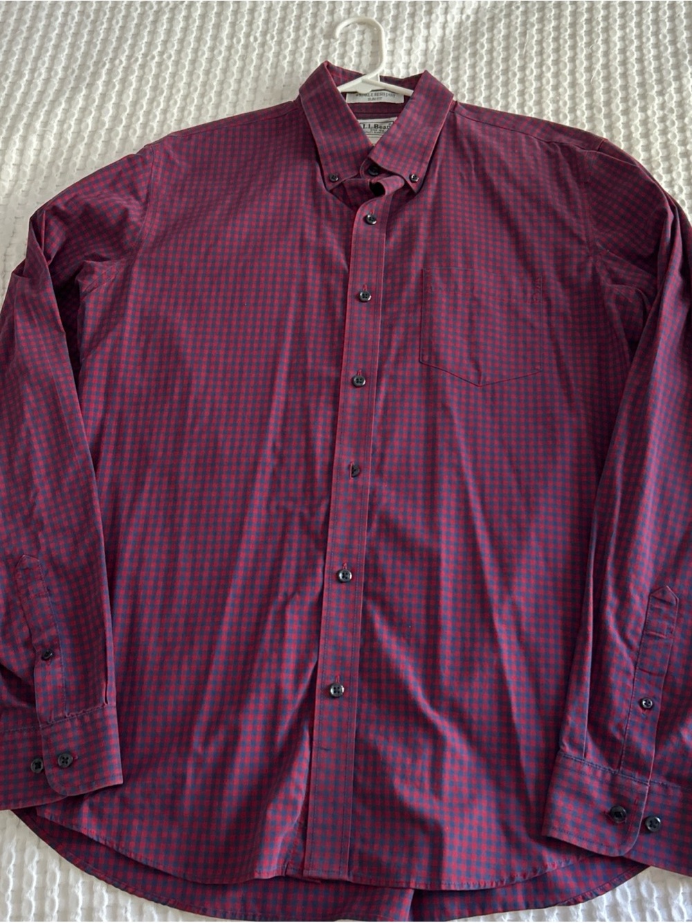 LL Bean Men's Red Blue Check Gingham Slim Fit Button-Down Shirt Size Large